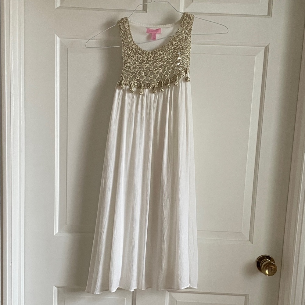 Lilly Pulitzer White Dress with Gold Crochet Yoke XXS